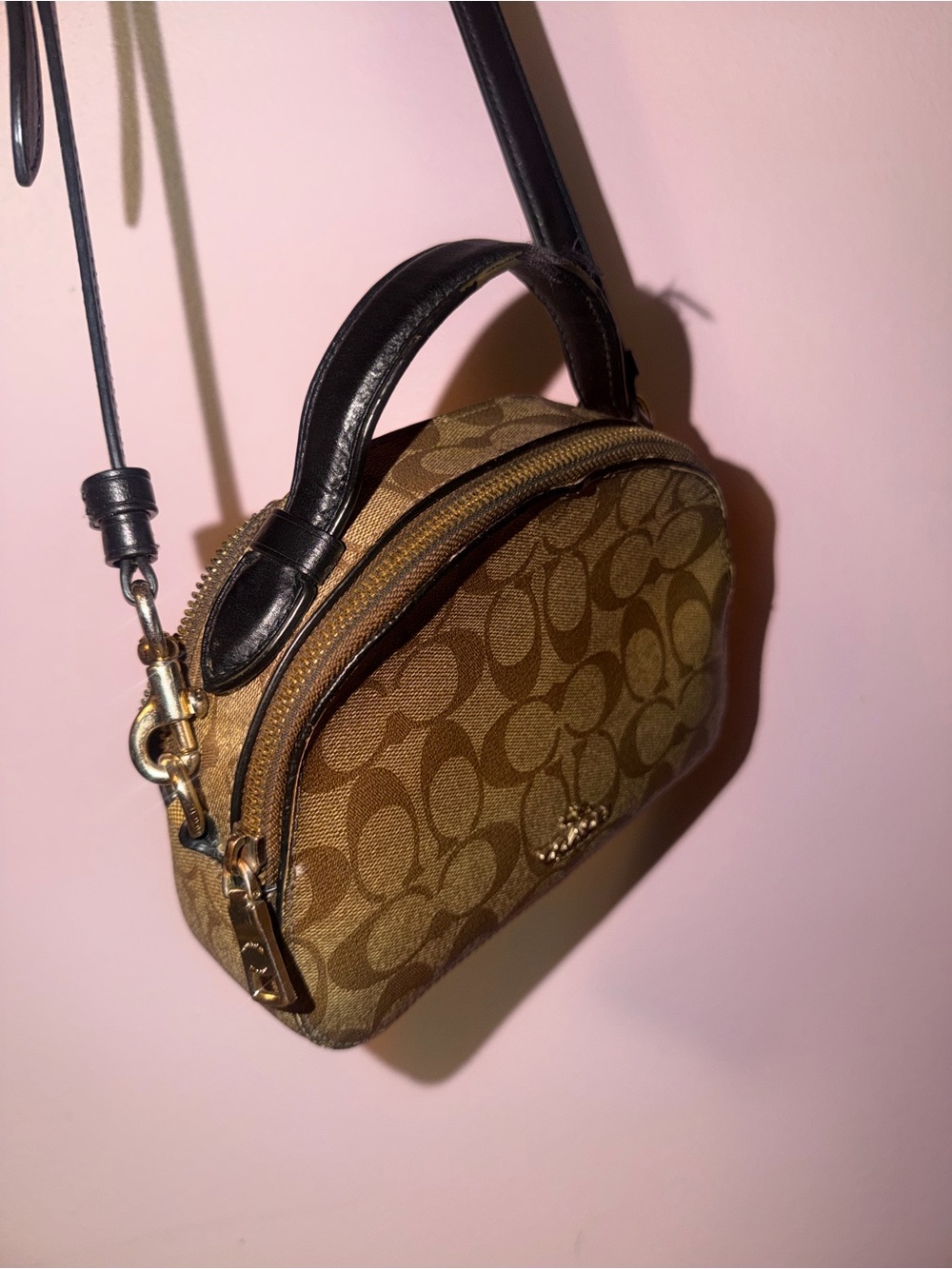 Coach Brown Signature Mini Dome Crossbody with Black Trim